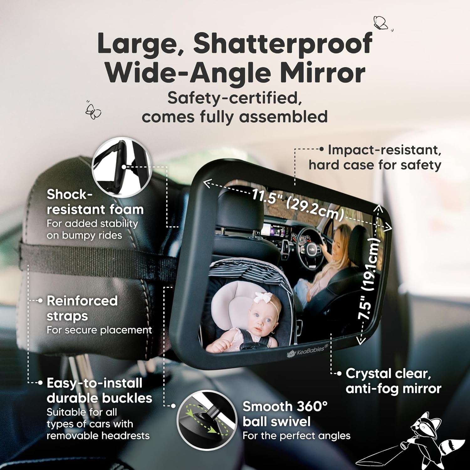Baby Car Seat Mirror - Wide Shatterproof Backseat Infant Car Mirror for Baby Rear Facing, Crystal Clear View, Travel Accessories, Easy Install & Adjust for Removable Headrest (Matte Black)