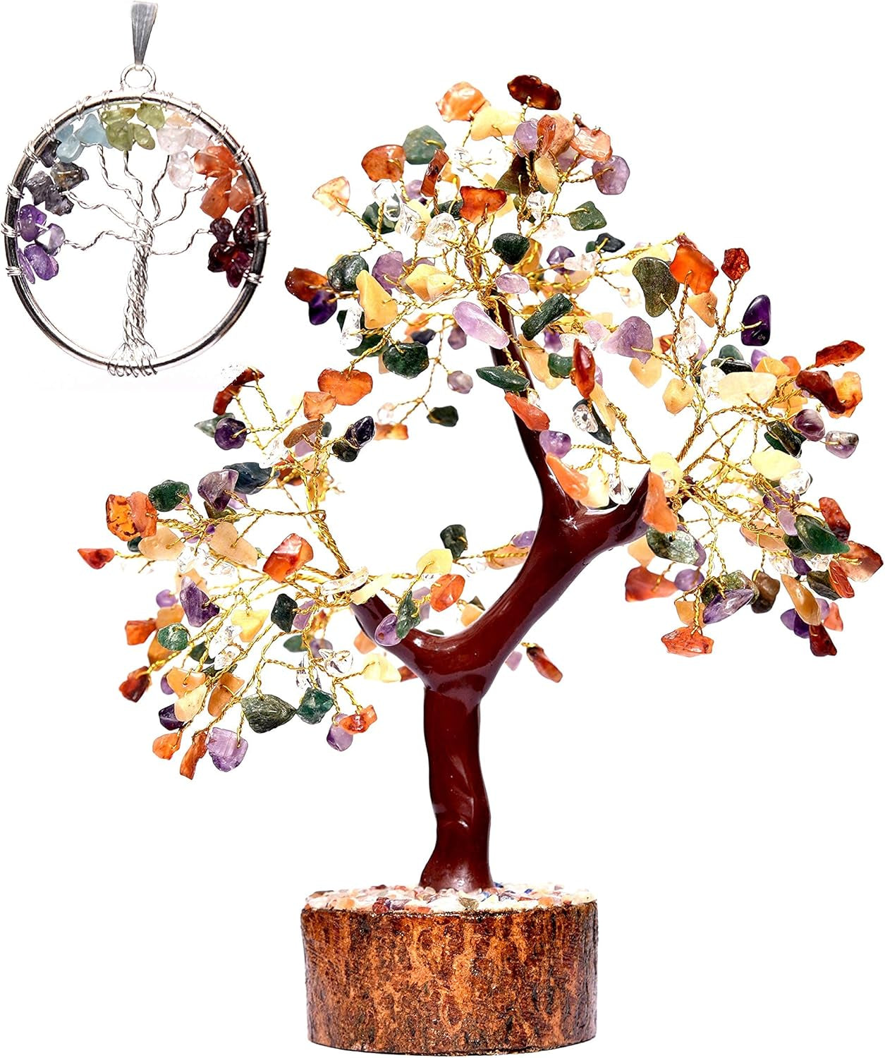 Crystals and Healing Stones Multi 7 Chakra Natural Healing Gemstone Crystal Bonsai Fortune Money Tree for Good Luck, Wealth & Prosperity-Home Office Decor Spiritual Gift Gold Wire and 300 Beads