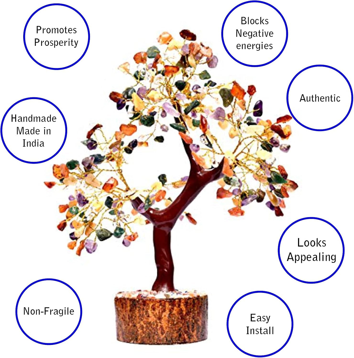 Crystals and Healing Stones Multi 7 Chakra Natural Healing Gemstone Crystal Bonsai Fortune Money Tree for Good Luck, Wealth & Prosperity-Home Office Decor Spiritual Gift Gold Wire and 300 Beads