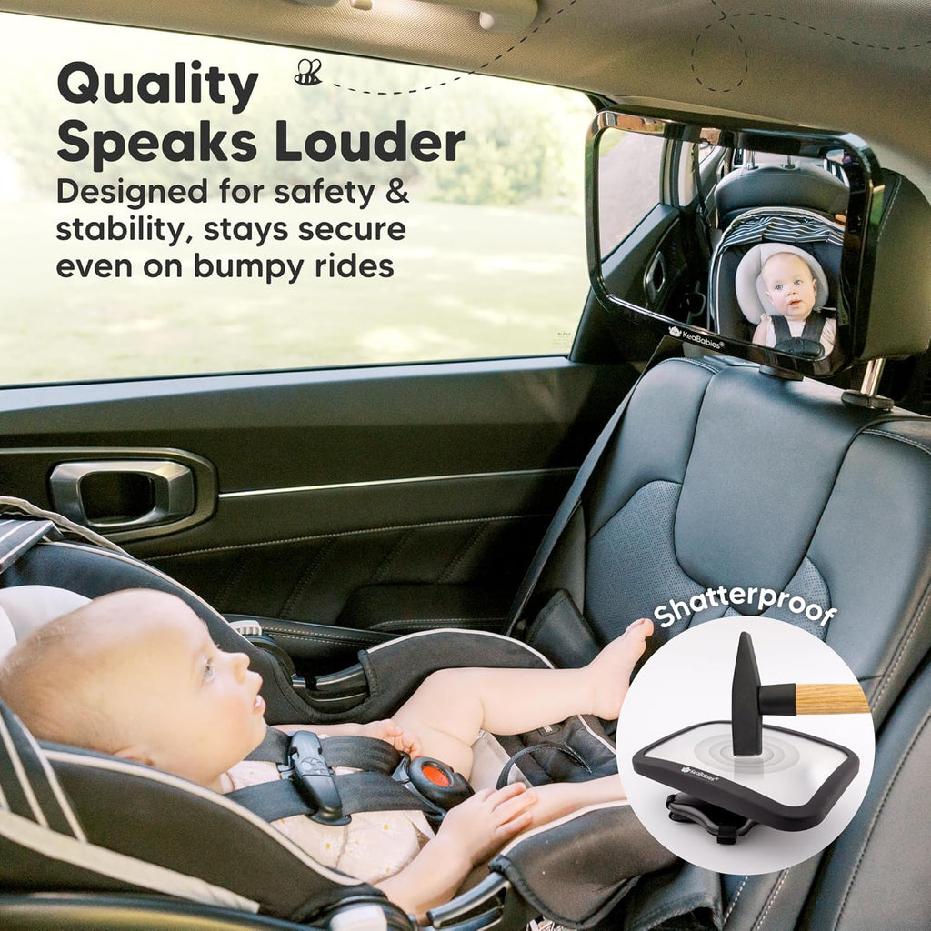 Baby Car Seat Mirror - Wide Shatterproof Backseat Infant Car Mirror for Baby Rear Facing, Crystal Clear View, Travel Accessories, Easy Install & Adjust for Removable Headrest (Matte Black)
