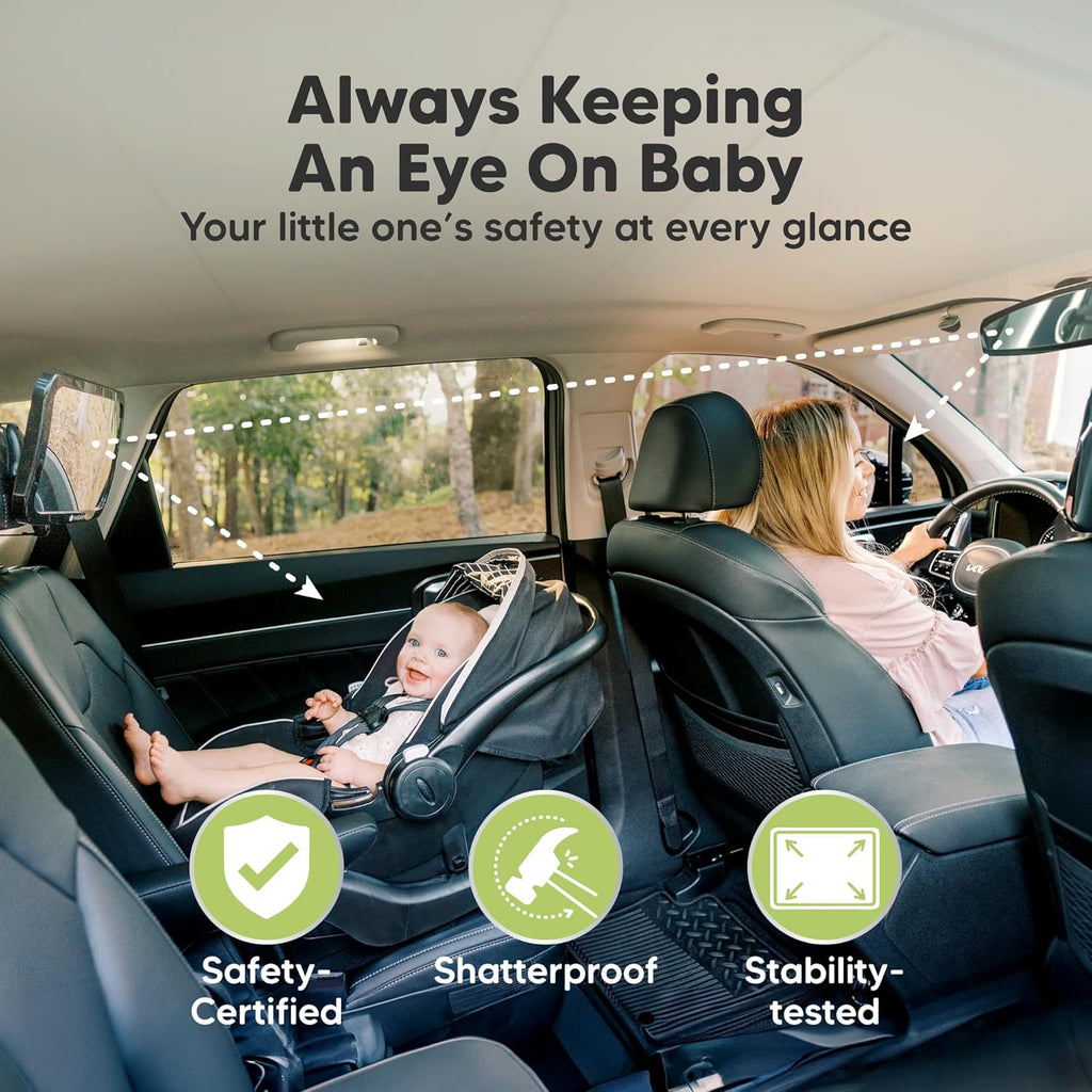 Baby Car Seat Mirror - Wide Shatterproof Backseat Infant Car Mirror for Baby Rear Facing, Crystal Clear View, Travel Accessories, Easy Install & Adjust for Removable Headrest (Matte Black)